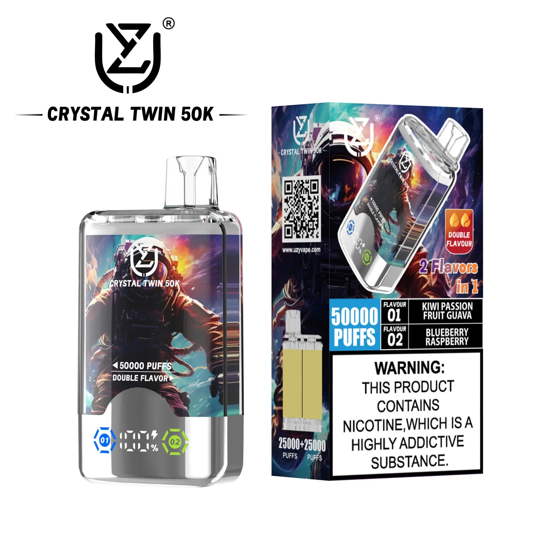 UZY Crystal Twin 50000 Puffs Vape bietet zwei Geschmacksrichtungen, zwei Mesh-Spulen, 40 ml E-Liquid, einen intelligenten LED-Bildschirm und ein Kristalldesign für ein kraftvolles, geschmackvolles und langanhaltendes Dampferlebnis.