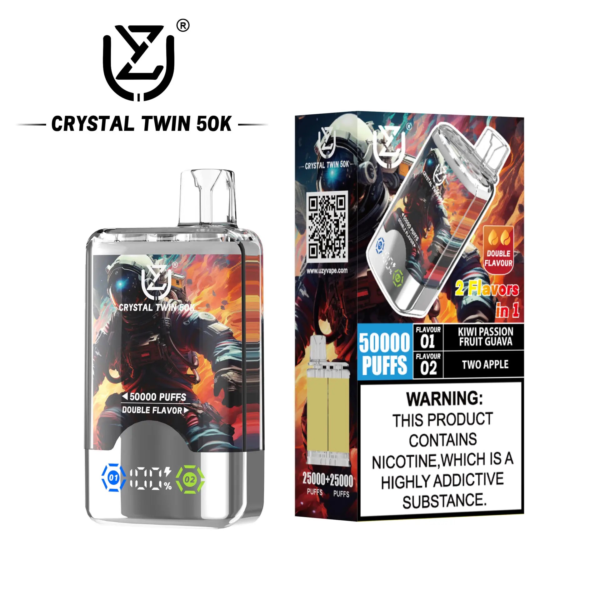 UZY Crystal Twin 50000 Puffs Vape bietet zwei Geschmacksrichtungen, zwei Mesh-Spulen, 40 ml E-Liquid, einen intelligenten LED-Bildschirm und ein Kristalldesign für ein kraftvolles, geschmackvolles und langanhaltendes Dampferlebnis.