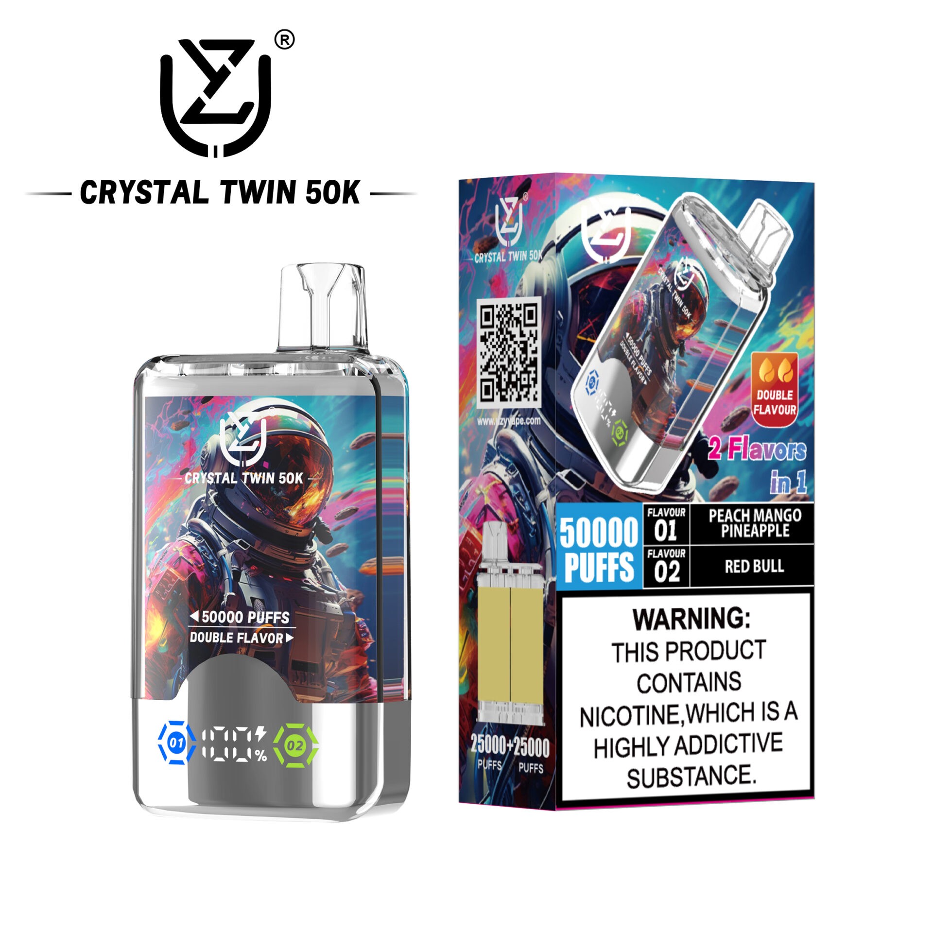 UZY Crystal Twin 50000 Puffs Vape bietet zwei Geschmacksrichtungen, zwei Mesh-Spulen, 40 ml E-Liquid, einen intelligenten LED-Bildschirm und ein Kristalldesign für ein kraftvolles, geschmackvolles und langanhaltendes Dampferlebnis.