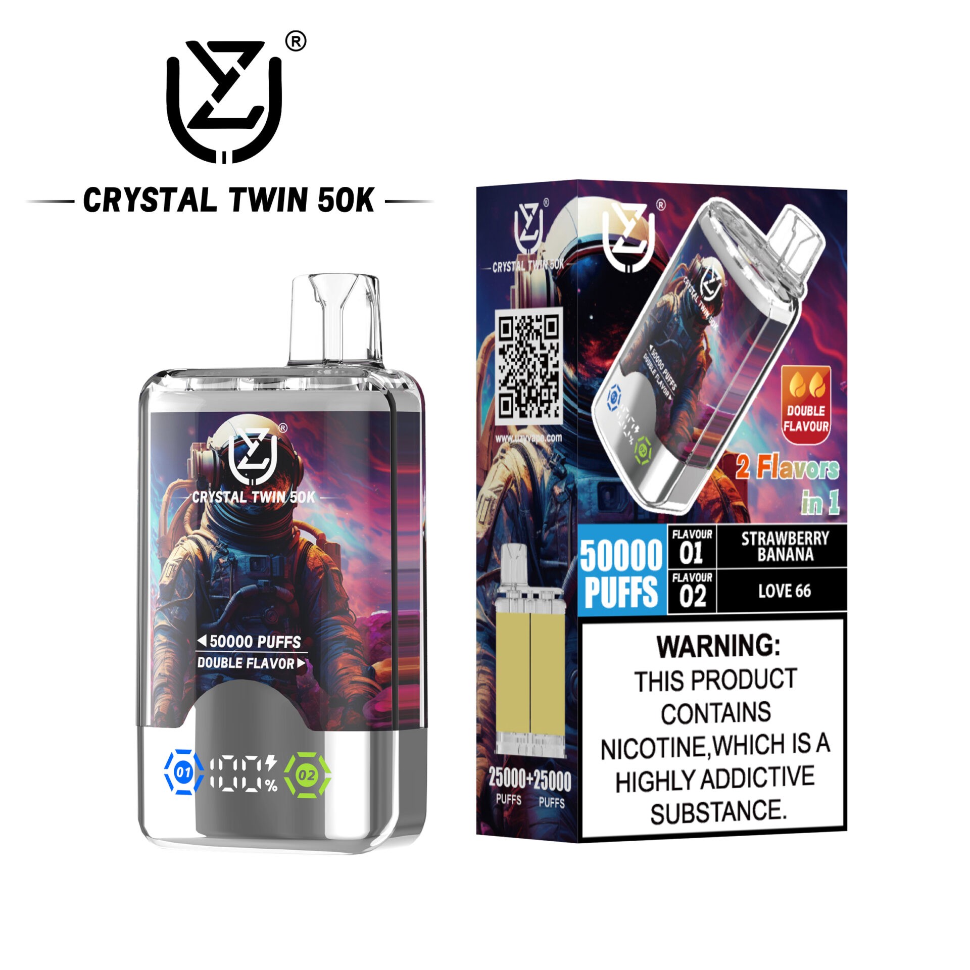 UZY Crystal Twin 50000 Puffs Vape bietet zwei Geschmacksrichtungen, zwei Mesh-Spulen, 40 ml E-Liquid, einen intelligenten LED-Bildschirm und ein Kristalldesign für ein kraftvolles, geschmackvolles und langanhaltendes Dampferlebnis.