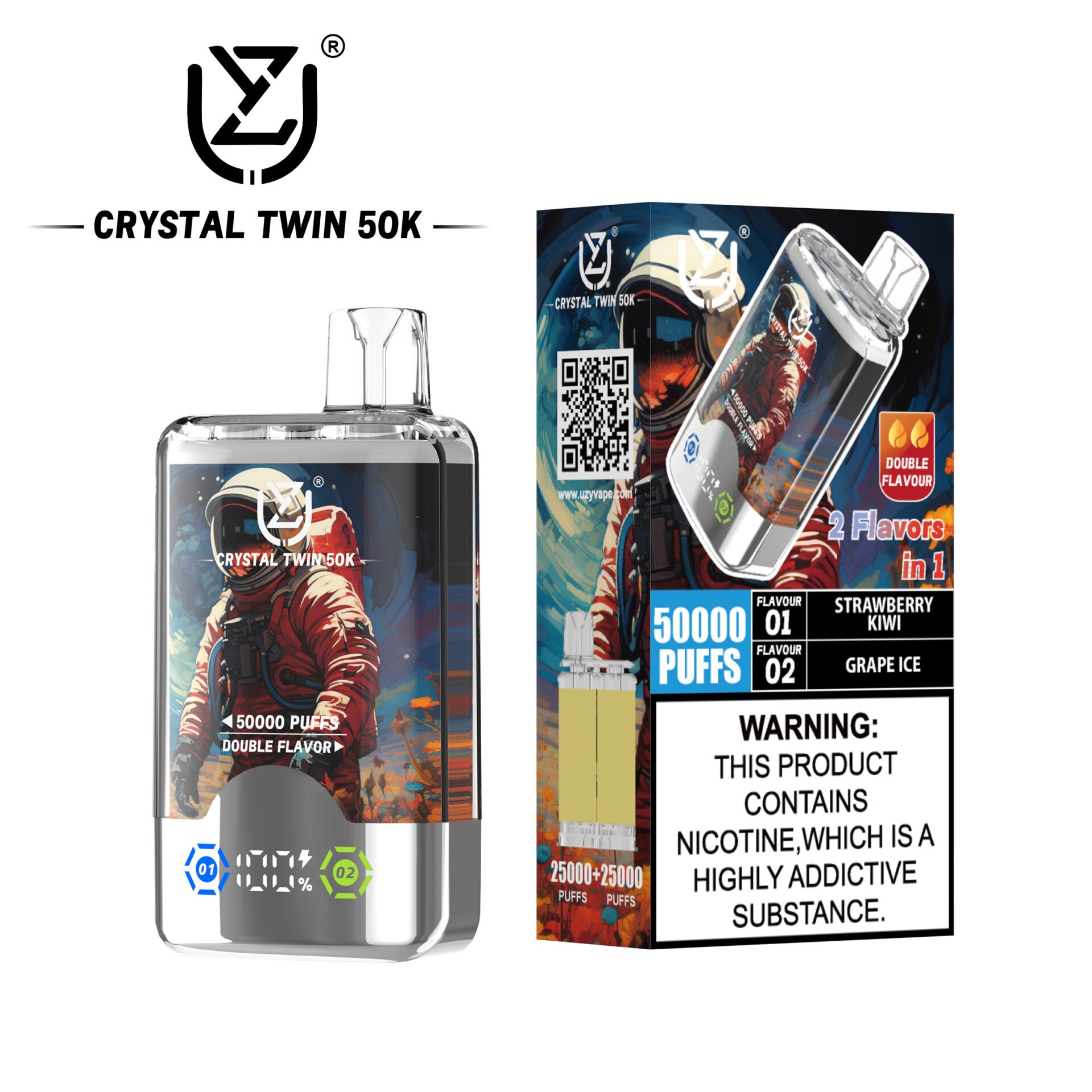 UZY Crystal Twin 50000 Puffs Vape bietet zwei Geschmacksrichtungen, zwei Mesh-Spulen, 40 ml E-Liquid, einen intelligenten LED-Bildschirm und ein Kristalldesign für ein kraftvolles, geschmackvolles und langanhaltendes Dampferlebnis.