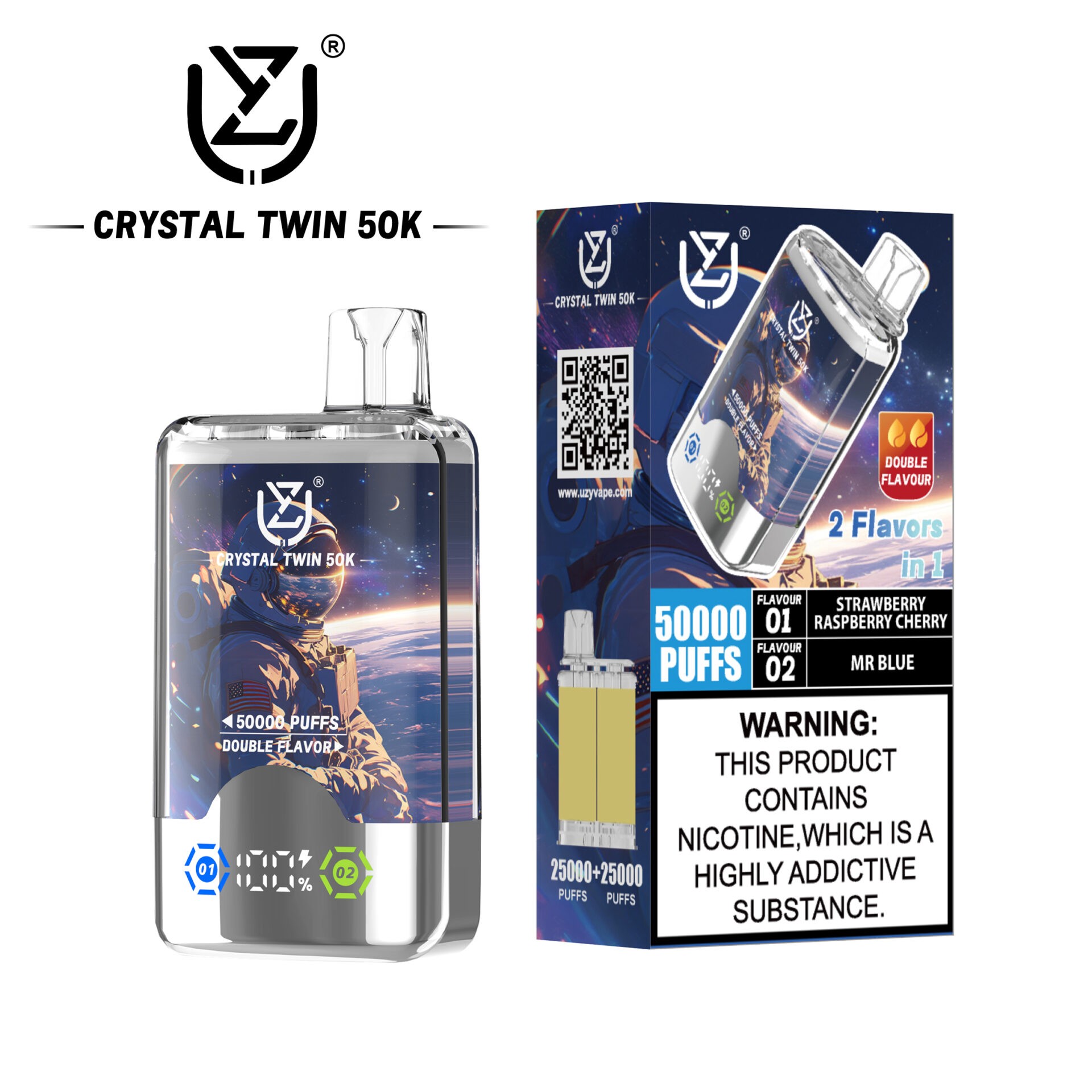 UZY Crystal Twin 50000 Puffs Vape bietet zwei Geschmacksrichtungen, zwei Mesh-Spulen, 40 ml E-Liquid, einen intelligenten LED-Bildschirm und ein Kristalldesign für ein kraftvolles, geschmackvolles und langanhaltendes Dampferlebnis.