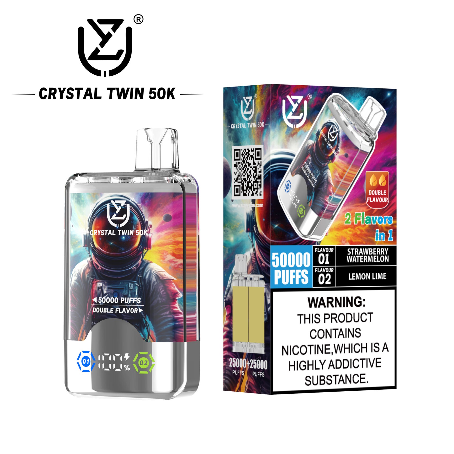 UZY Crystal Twin 50000 Puffs Vape bietet zwei Geschmacksrichtungen, zwei Mesh-Spulen, 40 ml E-Liquid, einen intelligenten LED-Bildschirm und ein Kristalldesign für ein kraftvolles, geschmackvolles und langanhaltendes Dampferlebnis.