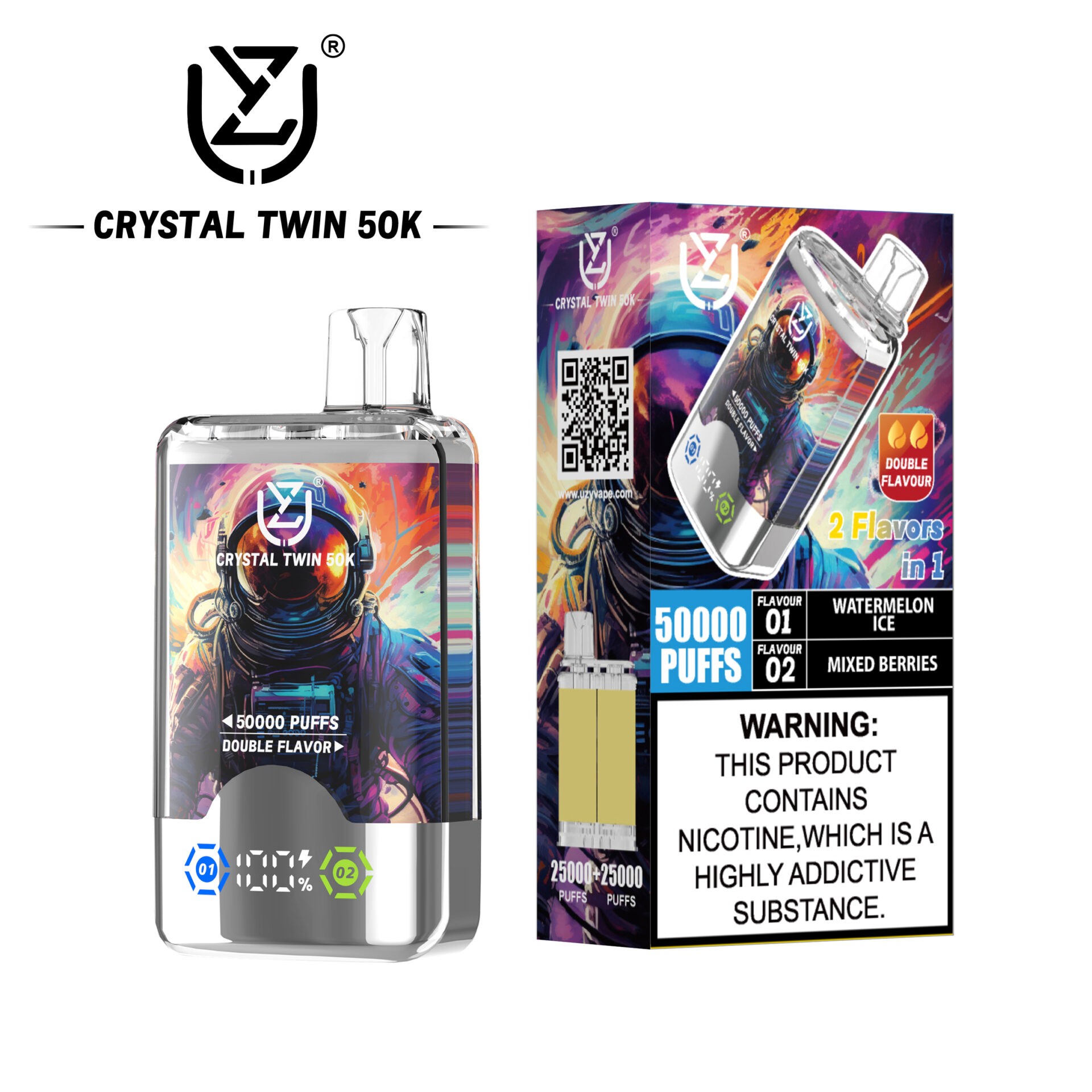 UZY Crystal Twin 50000 Puffs Vape bietet zwei Geschmacksrichtungen, zwei Mesh-Spulen, 40 ml E-Liquid, einen intelligenten LED-Bildschirm und ein Kristalldesign für ein kraftvolles, geschmackvolles und langanhaltendes Dampferlebnis.