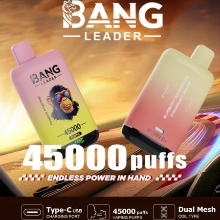 Bang Leader 45K erbjuder upp till 45 000 bloss med ett Dual Flavor System, dubbel mesh-spole, 650mAh uppladdningsbart batteri, LED-skärm och 12 smakalternativ.