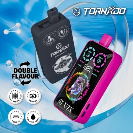 El vaporizador UZY Tornado 30000 Puffs presenta sabores duales, bobina de malla dual, pantalla inteligente y flujo de aire ajustable con hasta 30 000 bocanadas, batería de 850 mAh, 40 ml de e-líquido y opciones de nicotina 0–5%.