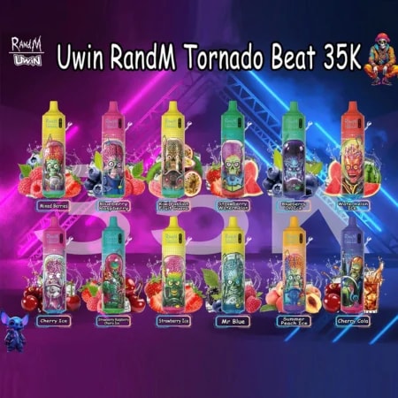 The Uwin randm Tornado 35K Puffs Music Vape offers 35,000 puffs, 0%-5% nicotine options, a 600mAh rechargeable battery, Type-C fast charging, a 1.0Ω mesh coil, music-synced LED lights, and 12 flavorful options for a premium vaping experience.