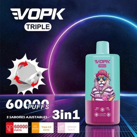 VOPK Triple 60000 puffs vape levererar upp till 60 000 puffs med 2% eller 5% nikotin, 54 ml e-vätska och ett 650 mAh typ-C uppladdningsbart batteri för längre, kraftfull vaping.