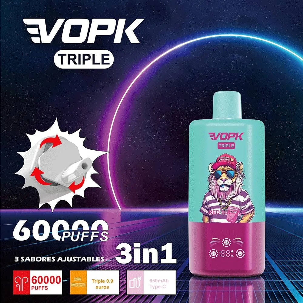 La vape VOPK Triple 60000 bouffées délivre jusqu'à 60 000 bouffées avec de la nicotine 2% ou 5%, 54 ml d'e-liquide et une batterie rechargeable de type C de 650 mAh pour un vapotage prolongé et puissant.