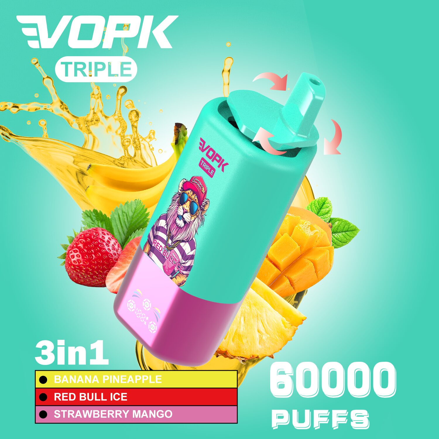 La vape VOPK Triple 60000 bouffées délivre jusqu'à 60 000 bouffées avec de la nicotine 2% ou 5%, 54 ml d'e-liquide et une batterie rechargeable de type C de 650 mAh pour un vapotage prolongé et puissant.
