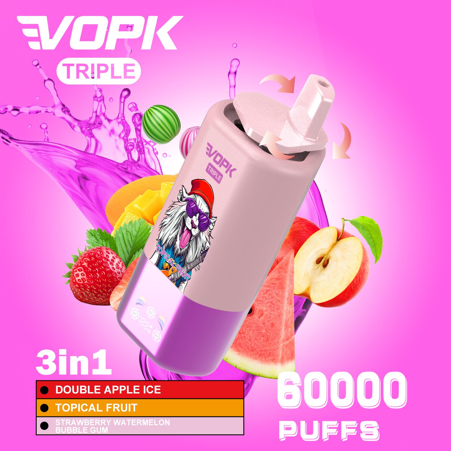 La vape VOPK Triple 60000 bouffées délivre jusqu'à 60 000 bouffées avec de la nicotine 2% ou 5%, 54 ml d'e-liquide et une batterie rechargeable de type C de 650 mAh pour un vapotage prolongé et puissant.