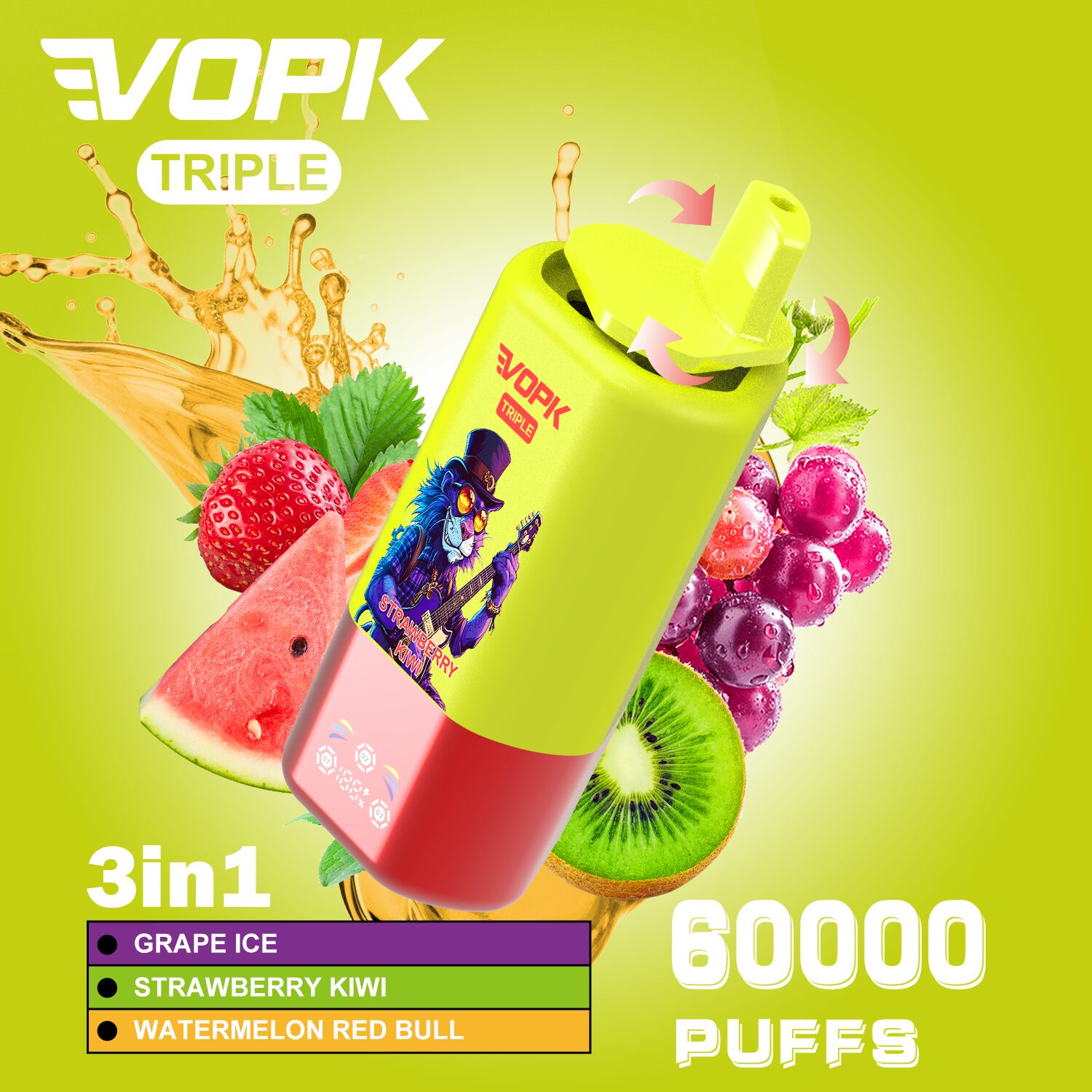 La vape VOPK Triple 60000 bouffées délivre jusqu'à 60 000 bouffées avec de la nicotine 2% ou 5%, 54 ml d'e-liquide et une batterie rechargeable de type C de 650 mAh pour un vapotage prolongé et puissant.