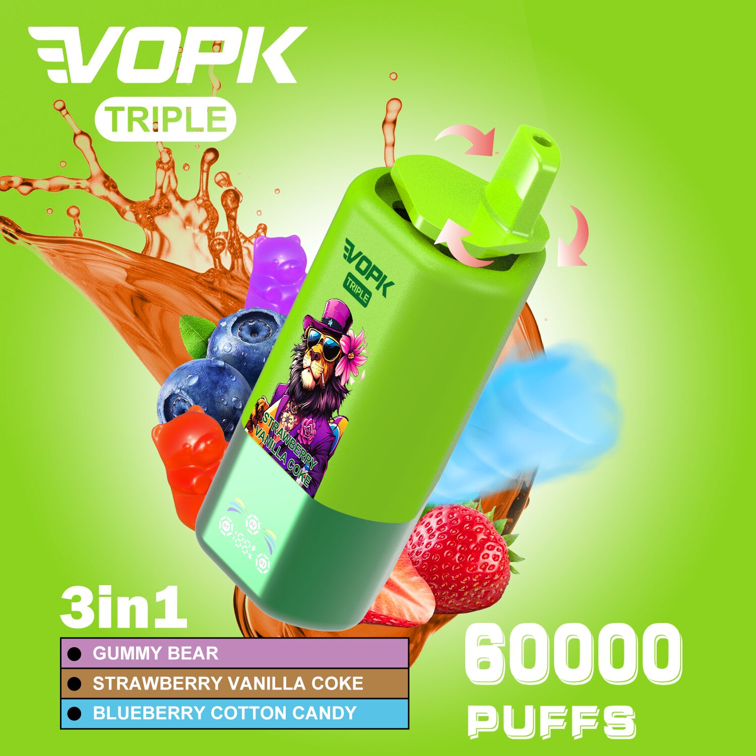 La vape VOPK Triple 60000 bouffées délivre jusqu'à 60 000 bouffées avec de la nicotine 2% ou 5%, 54 ml d'e-liquide et une batterie rechargeable de type C de 650 mAh pour un vapotage prolongé et puissant.