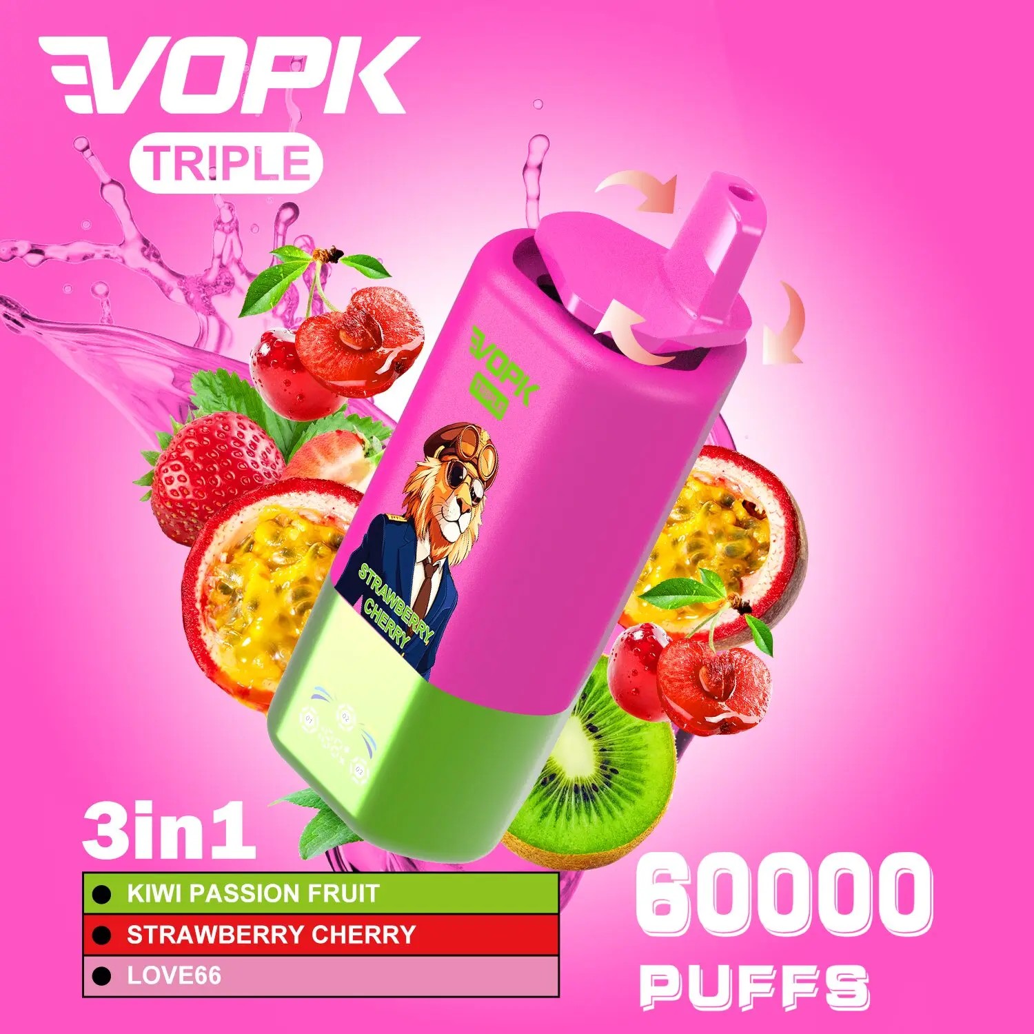La vape VOPK Triple 60000 bouffées délivre jusqu'à 60 000 bouffées avec de la nicotine 2% ou 5%, 54 ml d'e-liquide et une batterie rechargeable de type C de 650 mAh pour un vapotage prolongé et puissant.