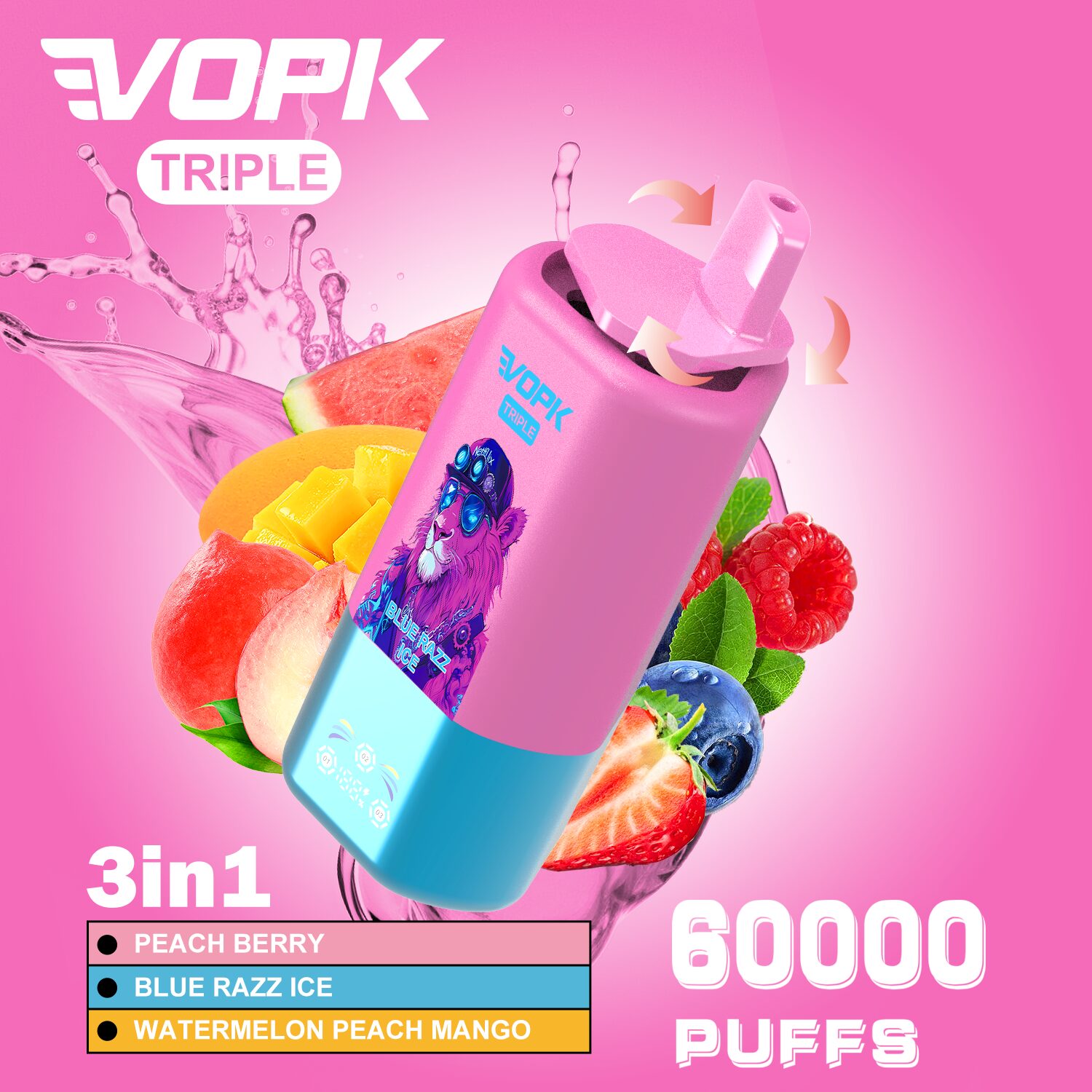 La vape VOPK Triple 60000 bouffées délivre jusqu'à 60 000 bouffées avec de la nicotine 2% ou 5%, 54 ml d'e-liquide et une batterie rechargeable de type C de 650 mAh pour un vapotage prolongé et puissant.