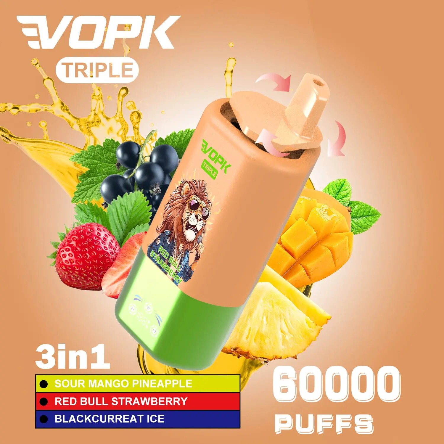 La vape VOPK Triple 60000 bouffées délivre jusqu'à 60 000 bouffées avec de la nicotine 2% ou 5%, 54 ml d'e-liquide et une batterie rechargeable de type C de 650 mAh pour un vapotage prolongé et puissant.