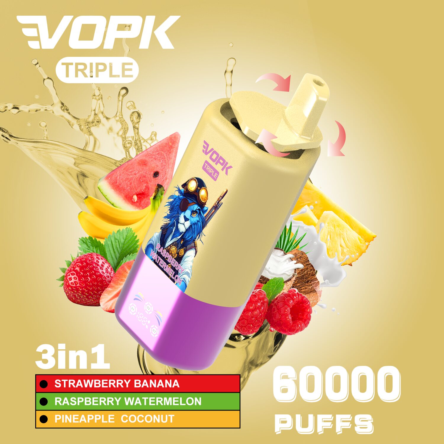 La vape VOPK Triple 60000 bouffées délivre jusqu'à 60 000 bouffées avec de la nicotine 2% ou 5%, 54 ml d'e-liquide et une batterie rechargeable de type C de 650 mAh pour un vapotage prolongé et puissant.