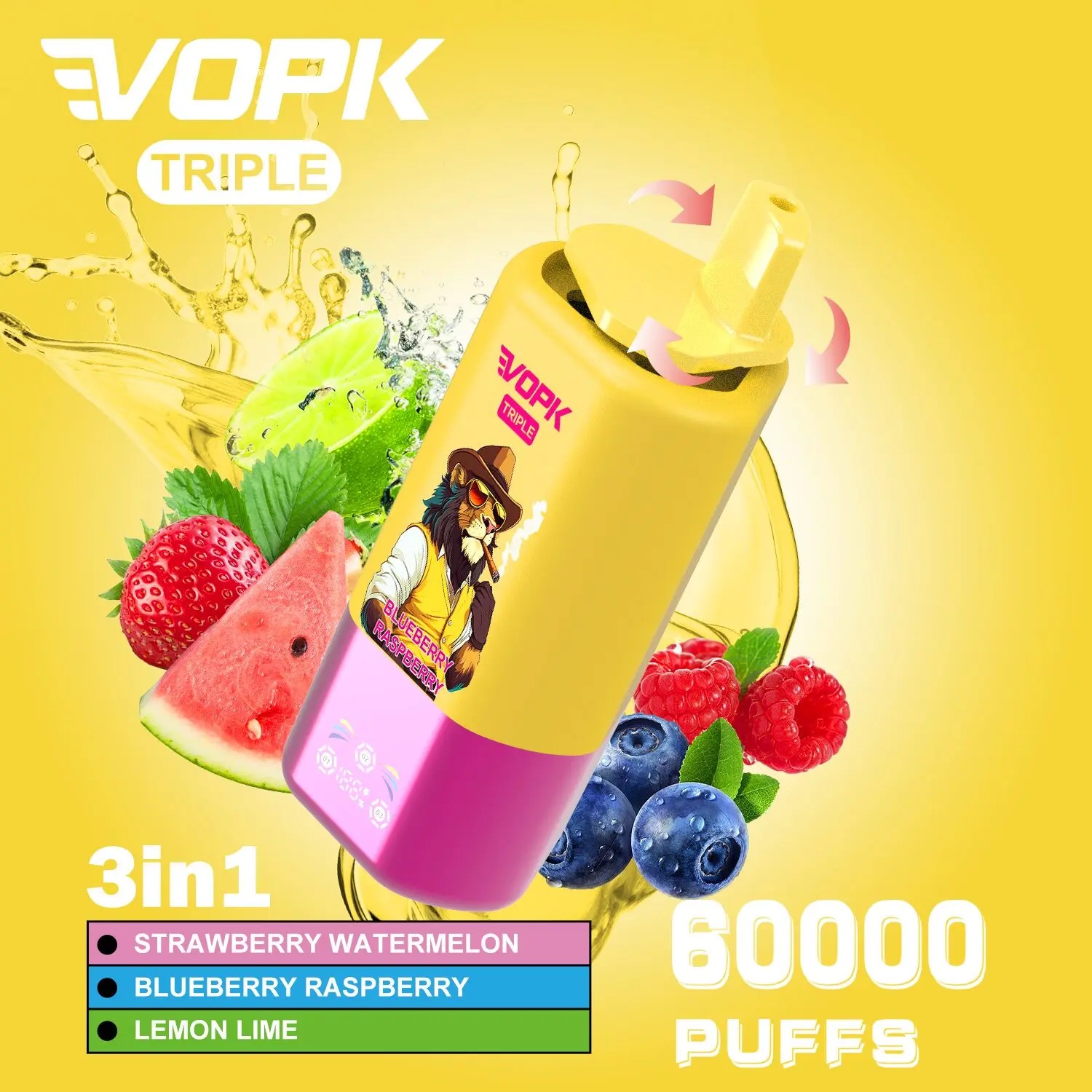 La vape VOPK Triple 60000 bouffées délivre jusqu'à 60 000 bouffées avec de la nicotine 2% ou 5%, 54 ml d'e-liquide et une batterie rechargeable de type C de 650 mAh pour un vapotage prolongé et puissant.