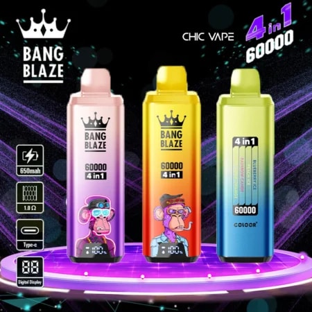 Bang Blaze 60000 Puffs Vape erbjuder 4-i-1-smaker, 60 ml e-vätska, justerbar nikotinmängd (0–5%), mesh-coil och en digital skärm i en kompakt, laddningsbar enhet med Type-C-laddning och 12 premiumsmakkombinationer.