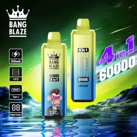 Bang Blaze 60000 Puffs Vape erbjuder 4-i-1-smaker, 60 ml e-vätska, justerbar nikotinmängd (0–5%), mesh-coil och en digital skärm i en kompakt, laddningsbar enhet med Type-C-laddning och 12 premiumsmakkombinationer.