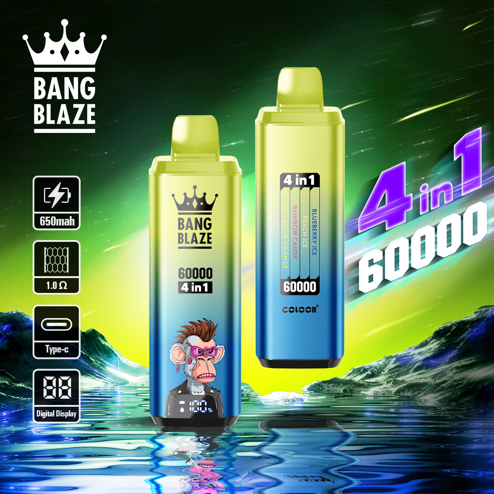 Bang Blaze 60000 Puffs Vape ofrece sabores 4 en 1, 60 ml de líquido electrónico, nicotina ajustable (0–5%), resistencia de malla y una pantalla digital en un dispositivo compacto y recargable con carga tipo C y 12 combinaciones de sabores premium.
