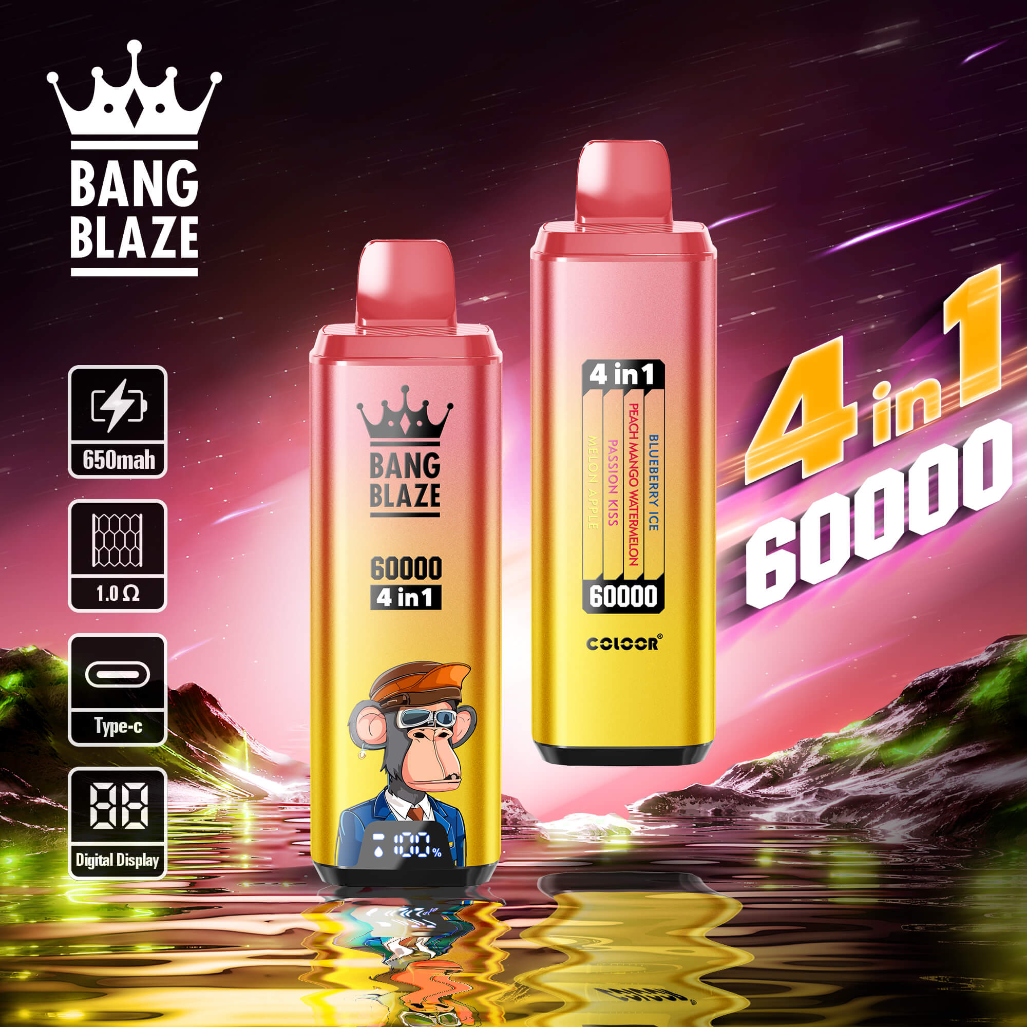 Bang Blaze 60000 Puffs Vape ofrece sabores 4 en 1, 60 ml de líquido electrónico, nicotina ajustable (0–5%), resistencia de malla y una pantalla digital en un dispositivo compacto y recargable con carga tipo C y 12 combinaciones de sabores premium.