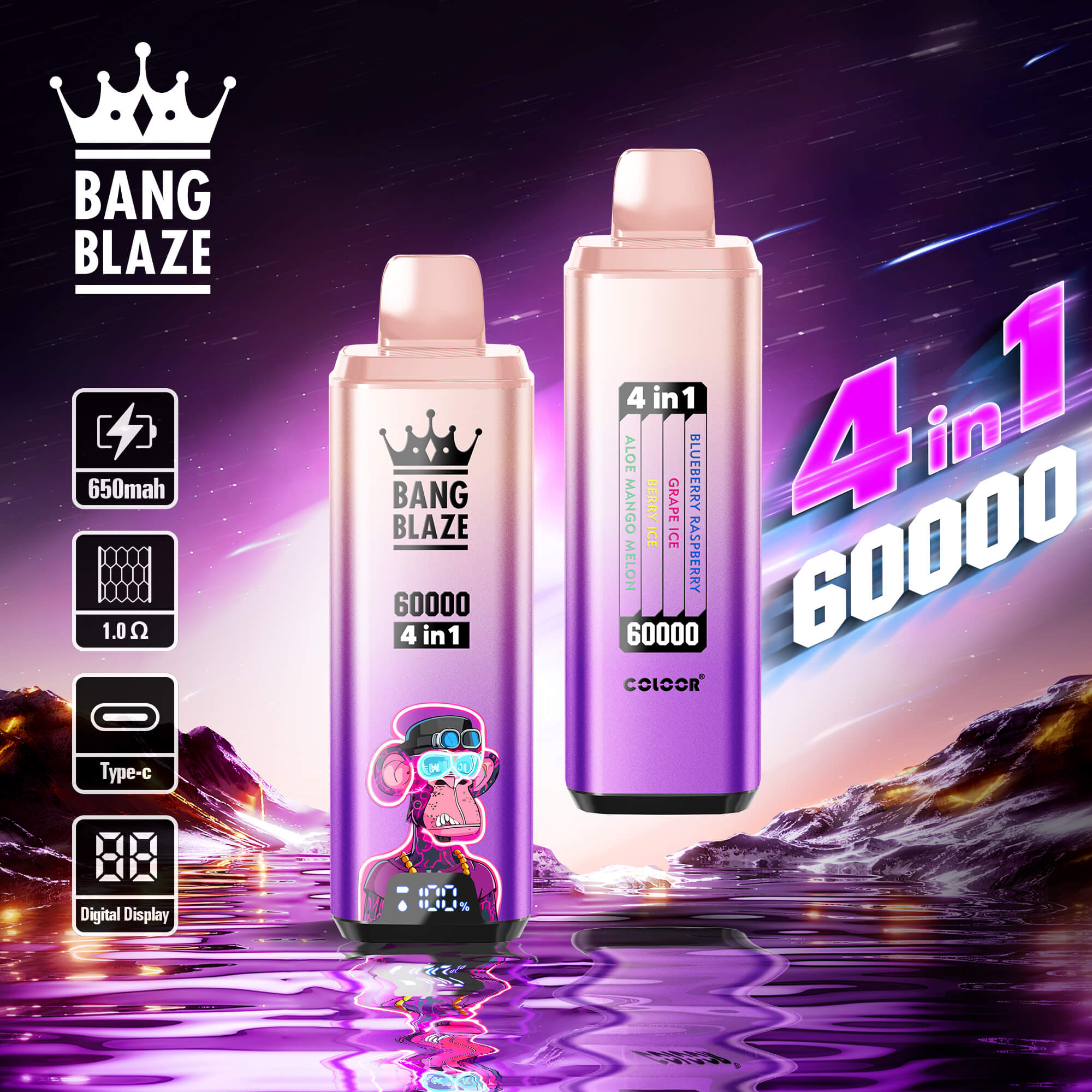 Bang Blaze 60000 Puffs Vape ofrece sabores 4 en 1, 60 ml de líquido electrónico, nicotina ajustable (0–5%), resistencia de malla y una pantalla digital en un dispositivo compacto y recargable con carga tipo C y 12 combinaciones de sabores premium.