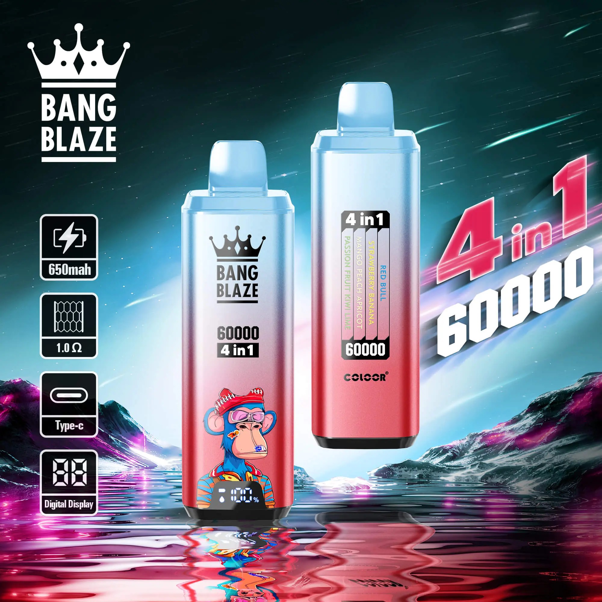 Bang Blaze 60000 Puffs Vape ofrece sabores 4 en 1, 60 ml de líquido electrónico, nicotina ajustable (0–5%), resistencia de malla y una pantalla digital en un dispositivo compacto y recargable con carga tipo C y 12 combinaciones de sabores premium.