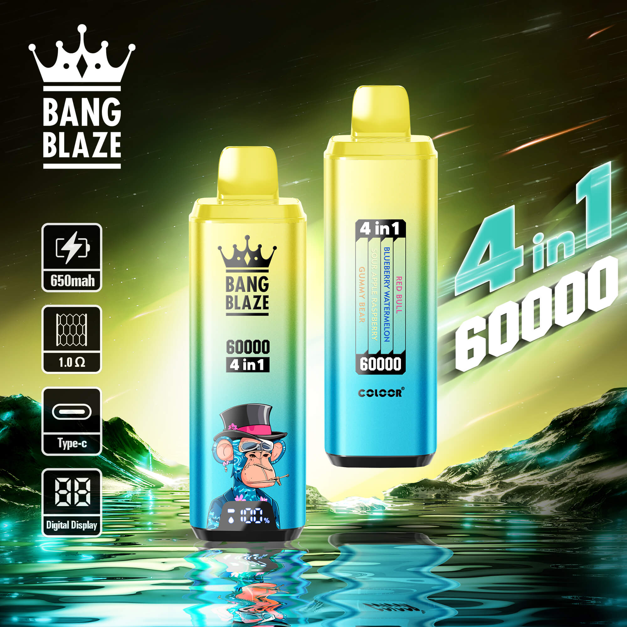 Bang Blaze 60000 Puffs Vape ofrece sabores 4 en 1, 60 ml de líquido electrónico, nicotina ajustable (0–5%), resistencia de malla y una pantalla digital en un dispositivo compacto y recargable con carga tipo C y 12 combinaciones de sabores premium.