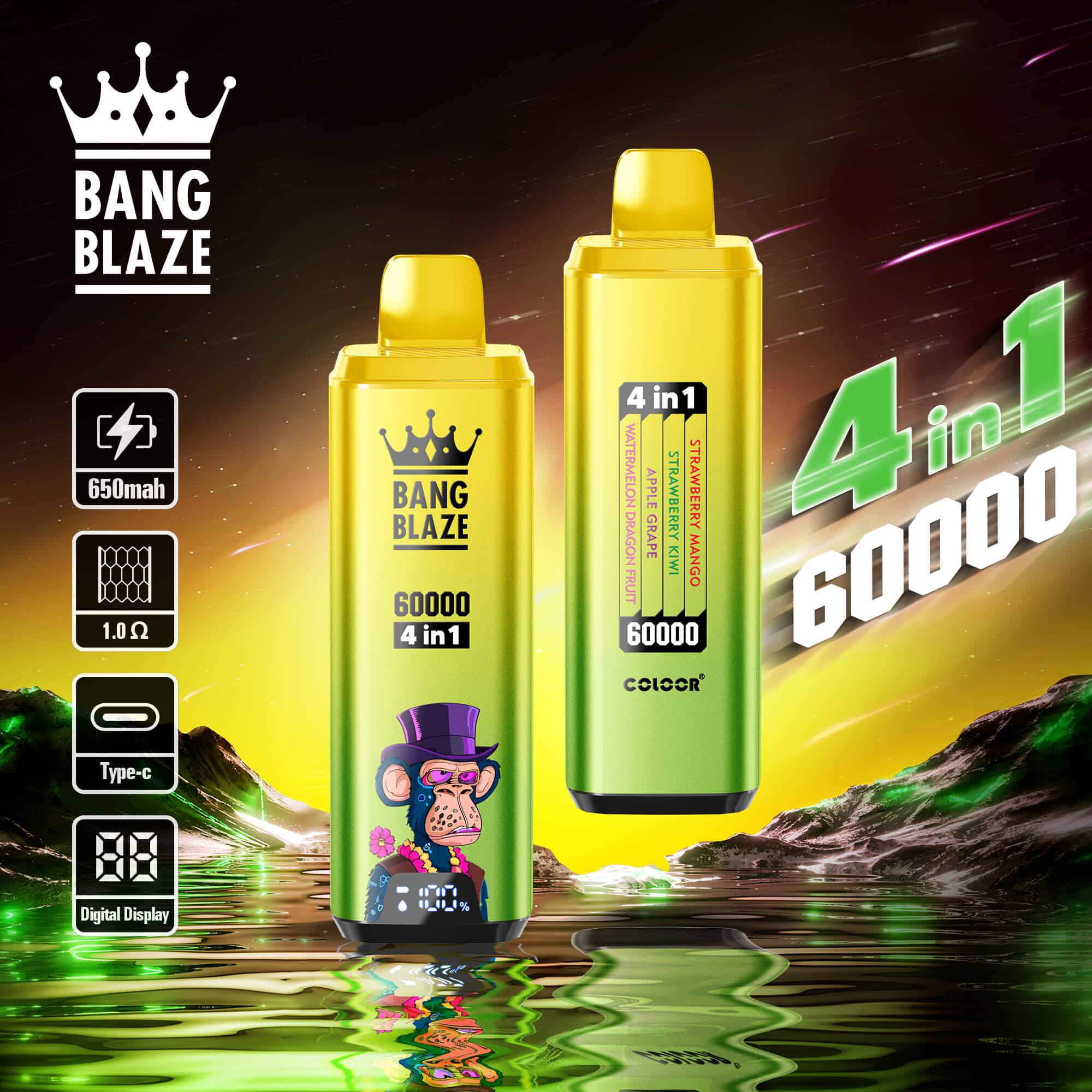 Bang Blaze 60000 Puffs Vape ofrece sabores 4 en 1, 60 ml de líquido electrónico, nicotina ajustable (0–5%), resistencia de malla y una pantalla digital en un dispositivo compacto y recargable con carga tipo C y 12 combinaciones de sabores premium.
