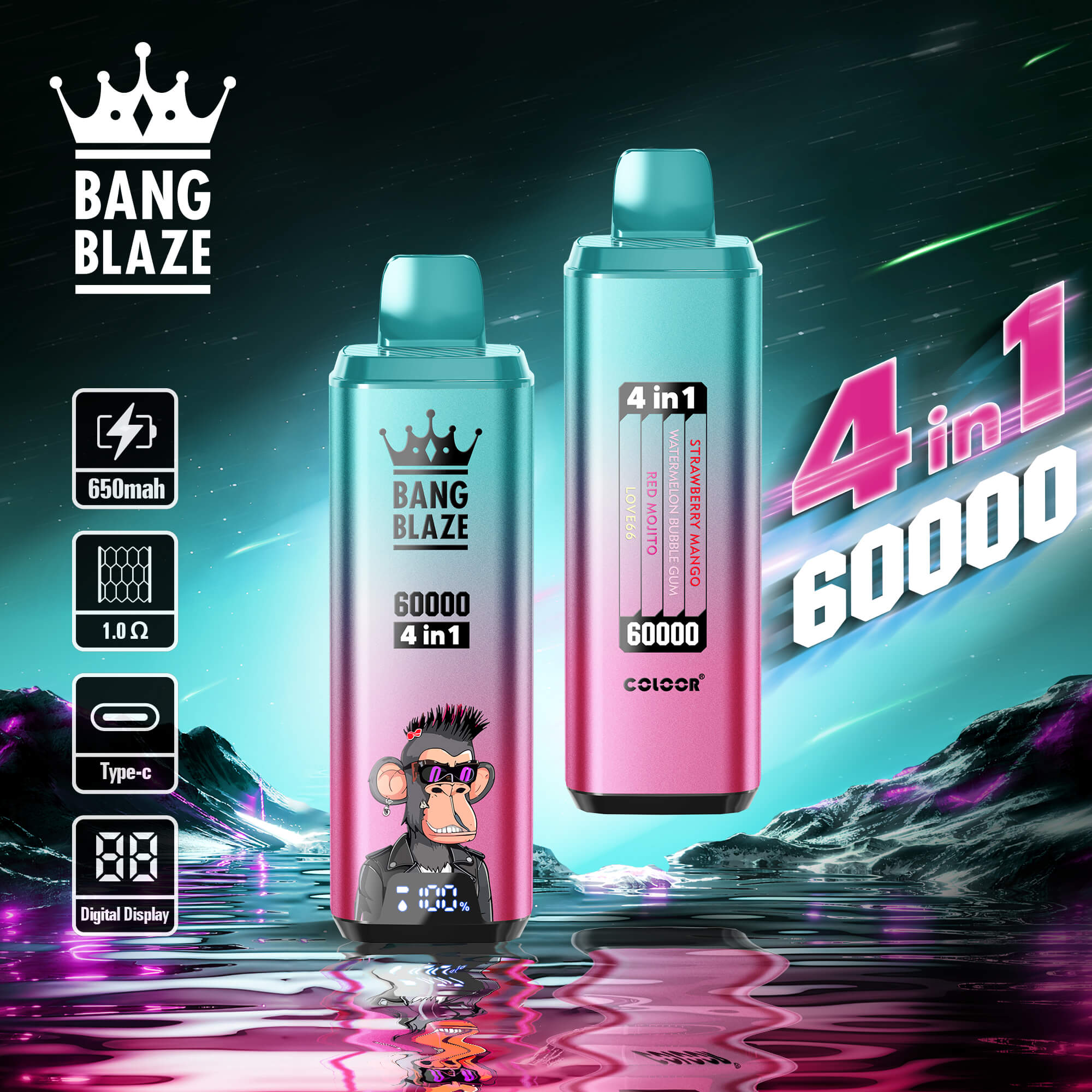 Bang Blaze 60000 Puffs Vape ofrece sabores 4 en 1, 60 ml de líquido electrónico, nicotina ajustable (0–5%), resistencia de malla y una pantalla digital en un dispositivo compacto y recargable con carga tipo C y 12 combinaciones de sabores premium.