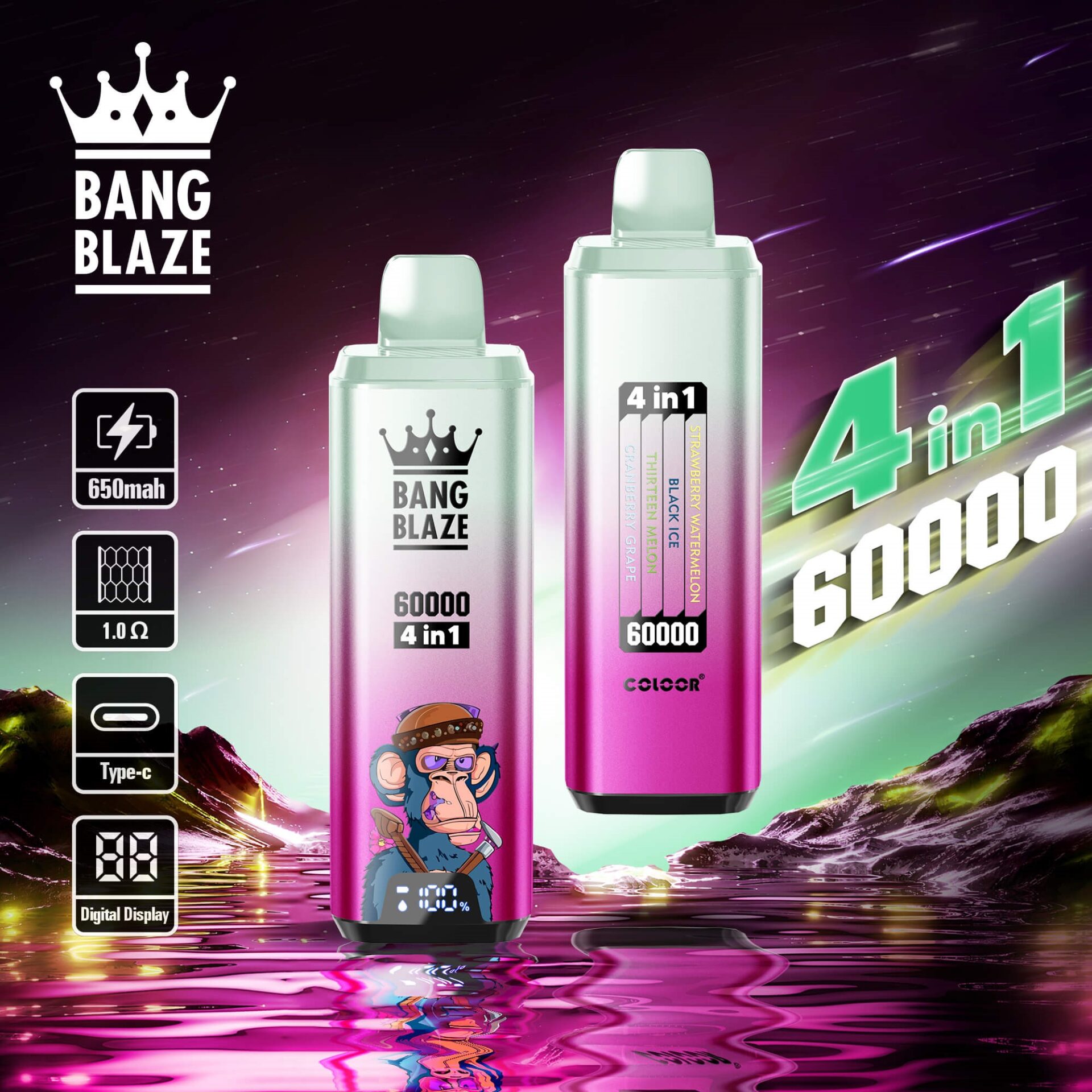 Bang Blaze 60000 Puffs Vape ofrece sabores 4 en 1, 60 ml de líquido electrónico, nicotina ajustable (0–5%), resistencia de malla y una pantalla digital en un dispositivo compacto y recargable con carga tipo C y 12 combinaciones de sabores premium.