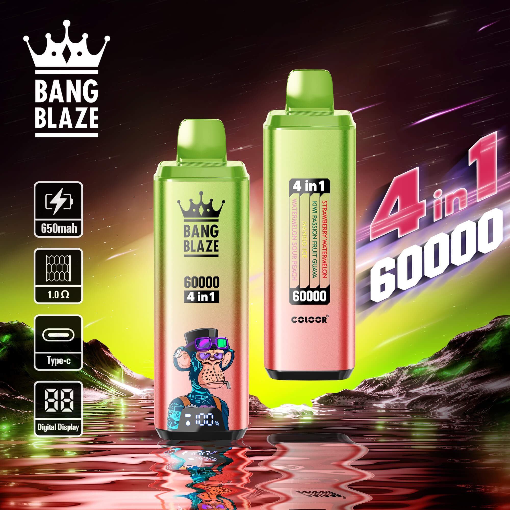 Bang Blaze 60000 Puffs Vape ofrece sabores 4 en 1, 60 ml de líquido electrónico, nicotina ajustable (0–5%), resistencia de malla y una pantalla digital en un dispositivo compacto y recargable con carga tipo C y 12 combinaciones de sabores premium.