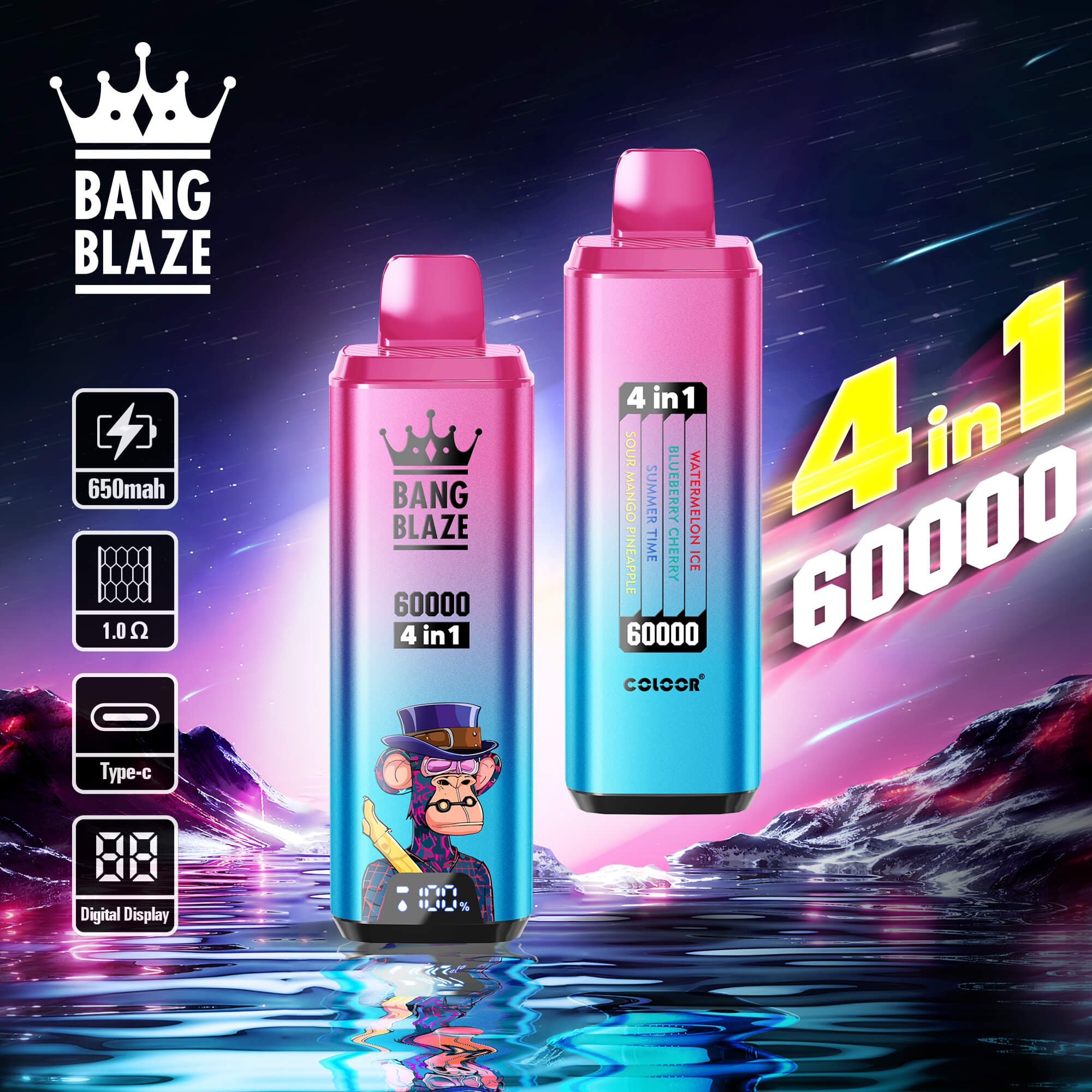 Bang Blaze 60000 Puffs Vape ofrece sabores 4 en 1, 60 ml de líquido electrónico, nicotina ajustable (0–5%), resistencia de malla y una pantalla digital en un dispositivo compacto y recargable con carga tipo C y 12 combinaciones de sabores premium.
