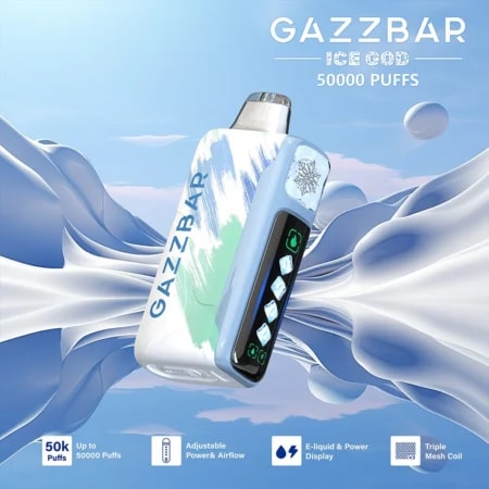 Gazzbar Ice God 50 000 bloss ger upp till 50 000 bloss med 5% nikotin, trippel mesh-coil, justerbar is, luftflöde och effekt. Har LED-display, typ-C-laddning och 20 unika smaker.