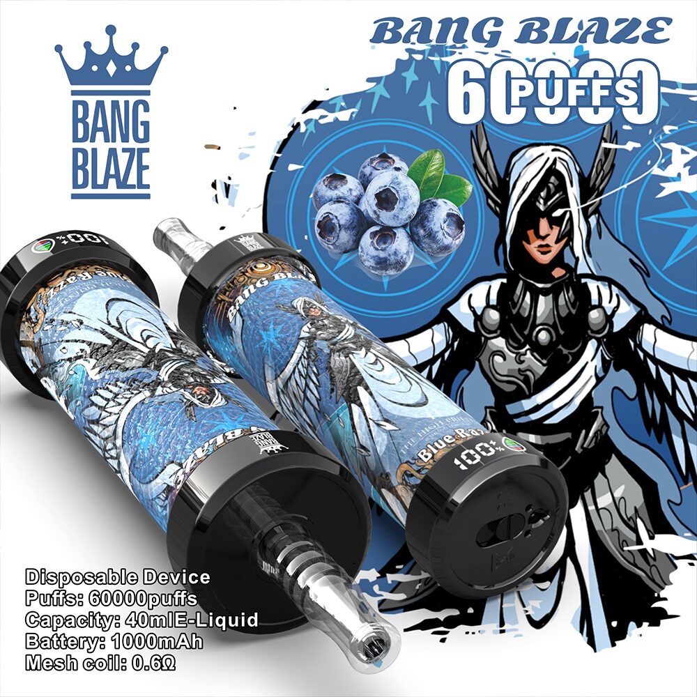 Bang Blaze 60000 Puffs DTL Vape ofrece nicotina 0%, 2%, 3% y 5%, capacidad de 40 ml, batería de 1000 mAh, resistencia de malla y pantalla LED. Disfruta de sabores intensos, nubes densas y un rendimiento duradero en 10 sabores, en cajas de 8 unidades.