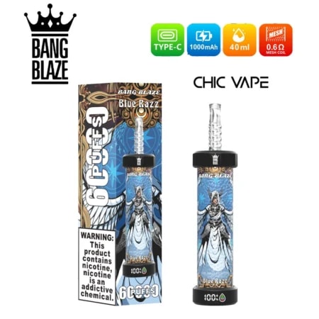 Bang Blaze 60000 Puffs DTL Vape offre 0%, 2%, 3% e 5% di nicotina, capacità di 40 ml, batteria da 1000 mAh, resistenza a mesh e display LED. Goditi aromi intensi, nuvole abbondanti e prestazioni di lunga durata in 10 gusti, confezionati in una confezione da 8 pezzi.