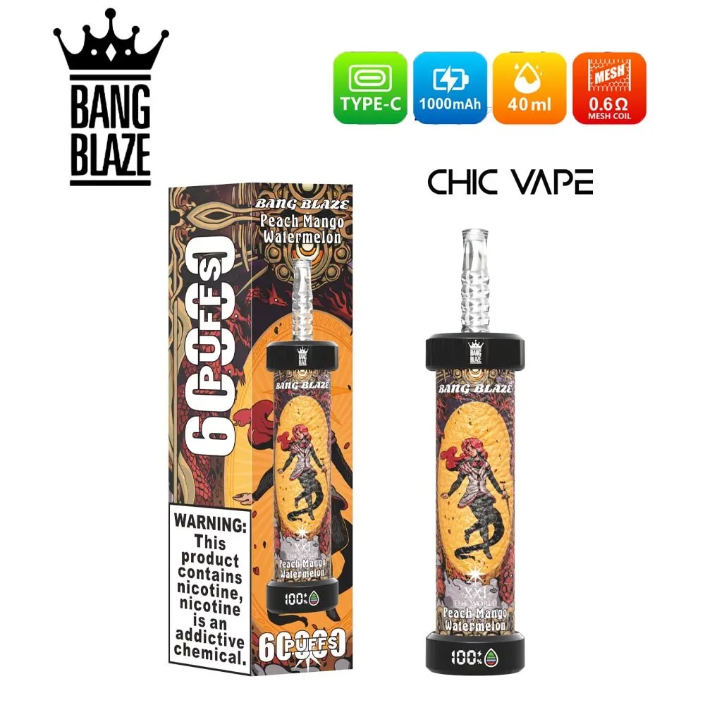 Bang Blaze 60000 Puffs DTL Vape offers 0%,2%,3%,5% nicotine, 40ml capacity, 1000mAh battery, mesh coil, and LED display. Enjoy rich flavors, big clouds, and long-lasting performance in 10 flavors, packed 8 pcs/box.