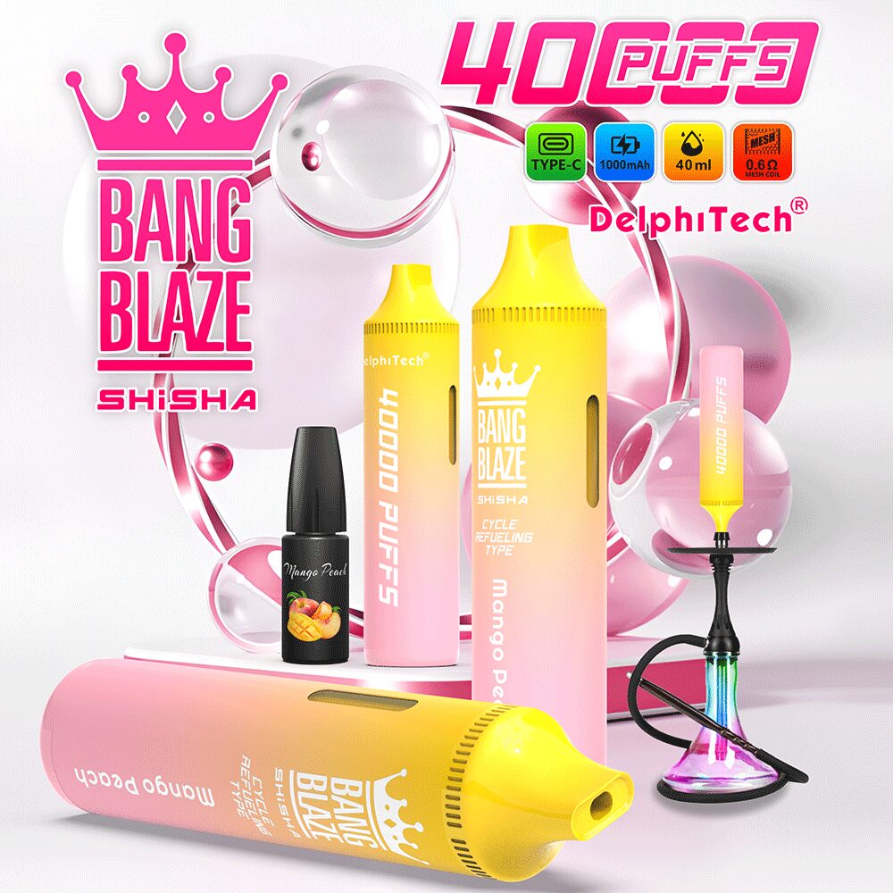 La vape Bang Blaze Shisha 40 000 bouffées dispose d'une capacité de 40 ml, d'une batterie de 1 000 mAh, d'une résistance mesh de 0,6 Ω et d'un chargeur de type C. Elle offre des taux de nicotine 0%-5%, 12 saveurs, une conception rechargeable et jusqu'à 40 000 bouffées pour un plaisir longue durée.