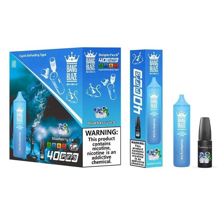 La vape Bang Blaze Shisha 40 000 bouffées dispose d'une capacité de 40 ml, d'une batterie de 1 000 mAh, d'une résistance mesh de 0,6 Ω et d'un chargeur de type C. Elle offre des taux de nicotine 0%-5%, 12 saveurs, une conception rechargeable et jusqu'à 40 000 bouffées pour un plaisir longue durée.