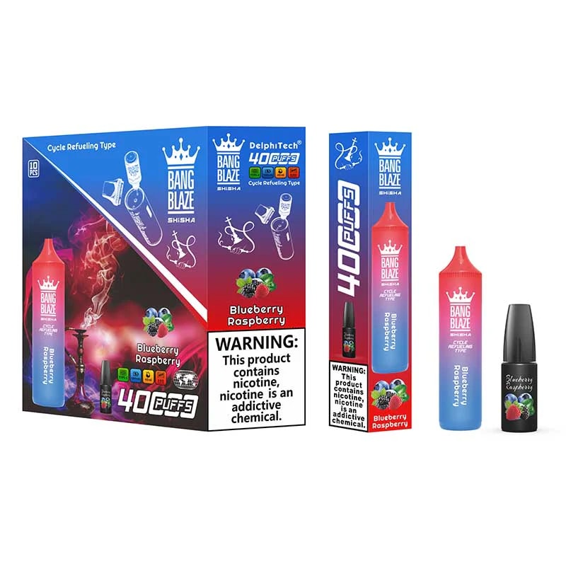La vape Bang Blaze Shisha 40 000 bouffées dispose d'une capacité de 40 ml, d'une batterie de 1 000 mAh, d'une résistance mesh de 0,6 Ω et d'un chargeur de type C. Elle offre des taux de nicotine 0%-5%, 12 saveurs, une conception rechargeable et jusqu'à 40 000 bouffées pour un plaisir longue durée.