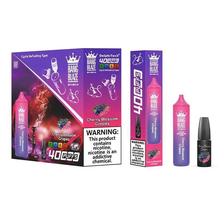 La vape Bang Blaze Shisha 40 000 bouffées dispose d'une capacité de 40 ml, d'une batterie de 1 000 mAh, d'une résistance mesh de 0,6 Ω et d'un chargeur de type C. Elle offre des taux de nicotine 0%-5%, 12 saveurs, une conception rechargeable et jusqu'à 40 000 bouffées pour un plaisir longue durée.