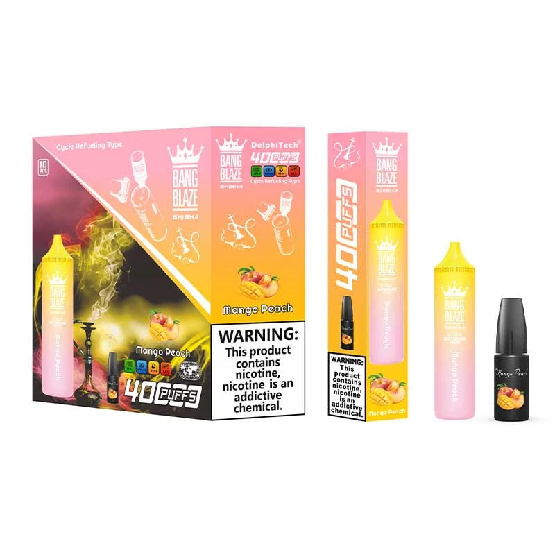 La vape Bang Blaze Shisha 40 000 bouffées dispose d'une capacité de 40 ml, d'une batterie de 1 000 mAh, d'une résistance mesh de 0,6 Ω et d'un chargeur de type C. Elle offre des taux de nicotine 0%-5%, 12 saveurs, une conception rechargeable et jusqu'à 40 000 bouffées pour un plaisir longue durée.