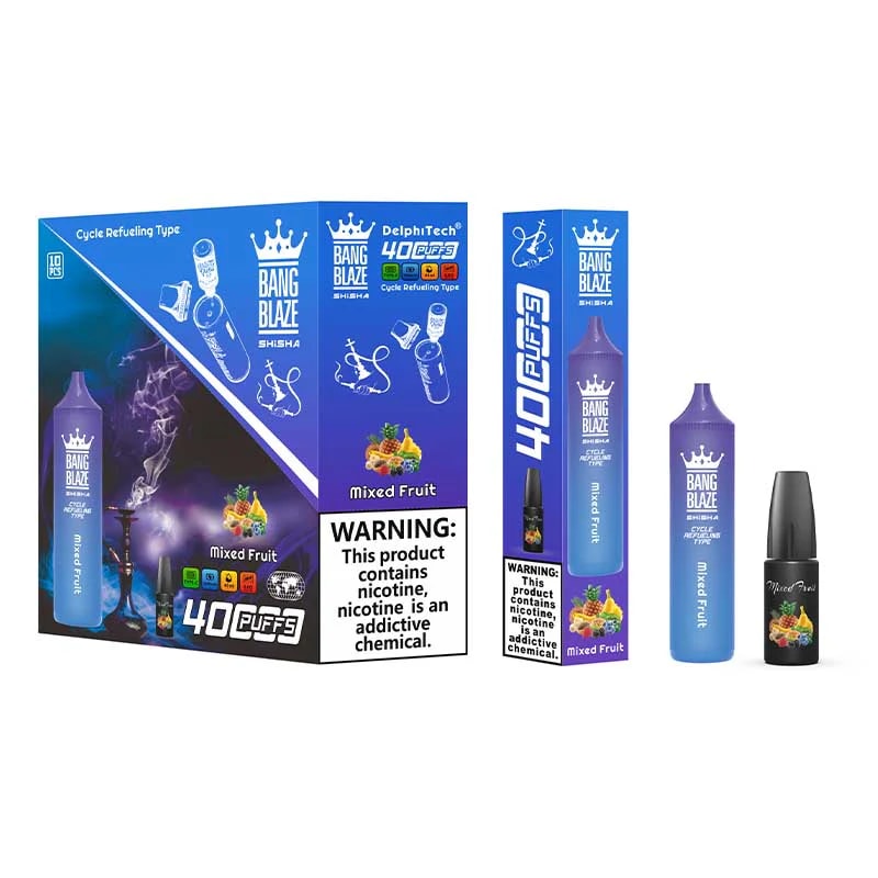 La vape Bang Blaze Shisha 40 000 bouffées dispose d'une capacité de 40 ml, d'une batterie de 1 000 mAh, d'une résistance mesh de 0,6 Ω et d'un chargeur de type C. Elle offre des taux de nicotine 0%-5%, 12 saveurs, une conception rechargeable et jusqu'à 40 000 bouffées pour un plaisir longue durée.