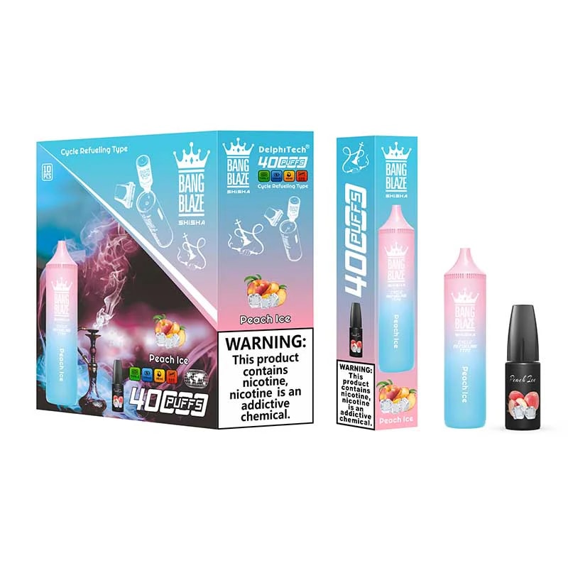 La vape Bang Blaze Shisha 40 000 bouffées dispose d'une capacité de 40 ml, d'une batterie de 1 000 mAh, d'une résistance mesh de 0,6 Ω et d'un chargeur de type C. Elle offre des taux de nicotine 0%-5%, 12 saveurs, une conception rechargeable et jusqu'à 40 000 bouffées pour un plaisir longue durée.