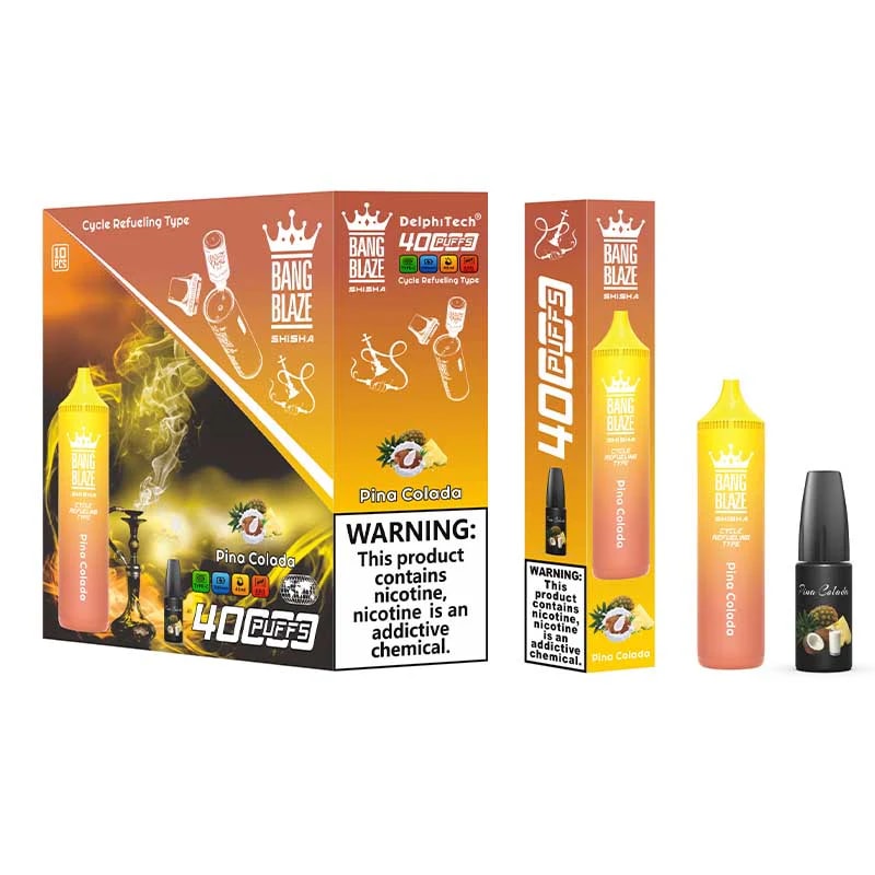 La vape Bang Blaze Shisha 40 000 bouffées dispose d'une capacité de 40 ml, d'une batterie de 1 000 mAh, d'une résistance mesh de 0,6 Ω et d'un chargeur de type C. Elle offre des taux de nicotine 0%-5%, 12 saveurs, une conception rechargeable et jusqu'à 40 000 bouffées pour un plaisir longue durée.