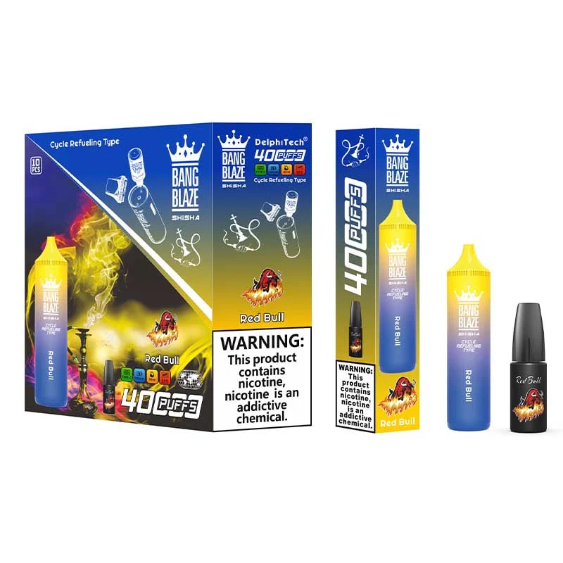 La vape Bang Blaze Shisha 40 000 bouffées dispose d'une capacité de 40 ml, d'une batterie de 1 000 mAh, d'une résistance mesh de 0,6 Ω et d'un chargeur de type C. Elle offre des taux de nicotine 0%-5%, 12 saveurs, une conception rechargeable et jusqu'à 40 000 bouffées pour un plaisir longue durée.