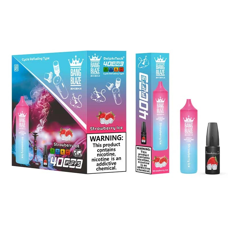 La vape Bang Blaze Shisha 40 000 bouffées dispose d'une capacité de 40 ml, d'une batterie de 1 000 mAh, d'une résistance mesh de 0,6 Ω et d'un chargeur de type C. Elle offre des taux de nicotine 0%-5%, 12 saveurs, une conception rechargeable et jusqu'à 40 000 bouffées pour un plaisir longue durée.