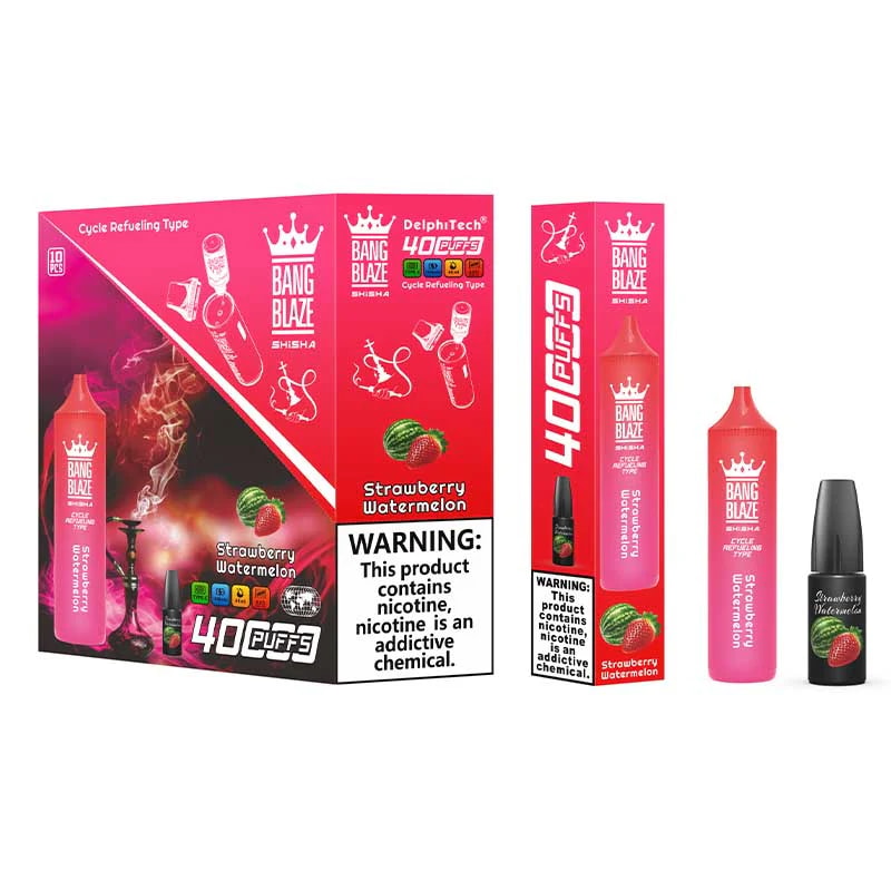 La vape Bang Blaze Shisha 40 000 bouffées dispose d'une capacité de 40 ml, d'une batterie de 1 000 mAh, d'une résistance mesh de 0,6 Ω et d'un chargeur de type C. Elle offre des taux de nicotine 0%-5%, 12 saveurs, une conception rechargeable et jusqu'à 40 000 bouffées pour un plaisir longue durée.