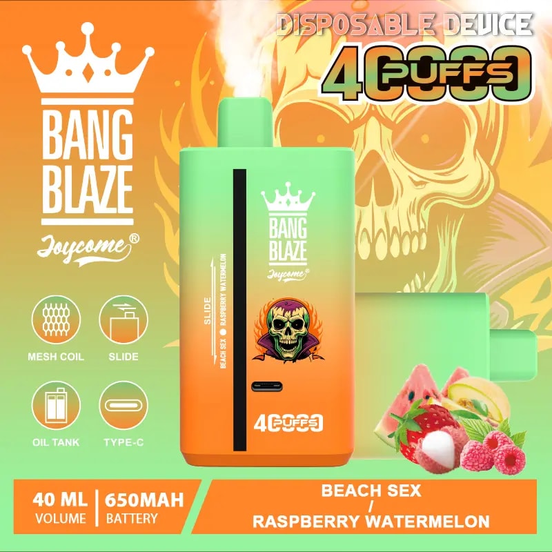 Bang Blaze 40000 Puffs Vape offers dual flavors, 40mL e-liquid, and a 650mAh battery—perfect for long-lasting, flavorful vaping with smooth dual mesh coil performance.